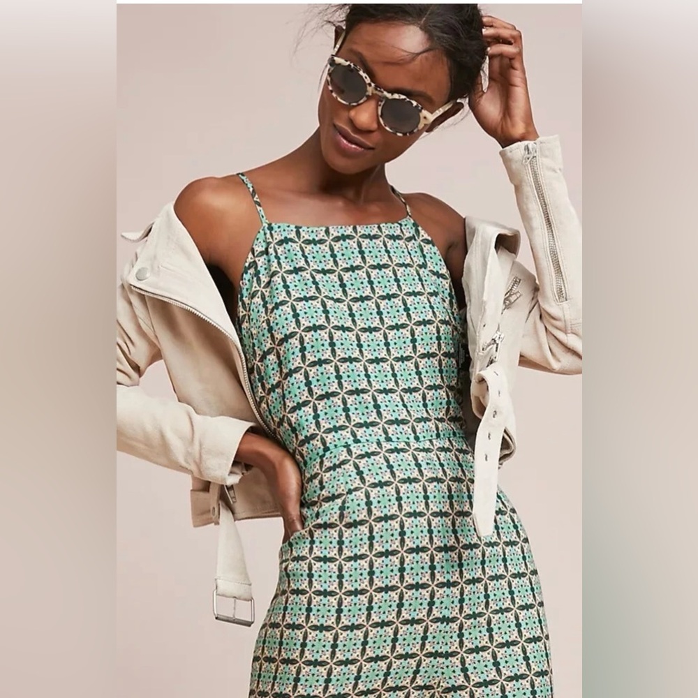 Farm Rio Honolulu Wide Leg Pant Jumpsuit with green and white geometric print. S - Picture 4 of 8